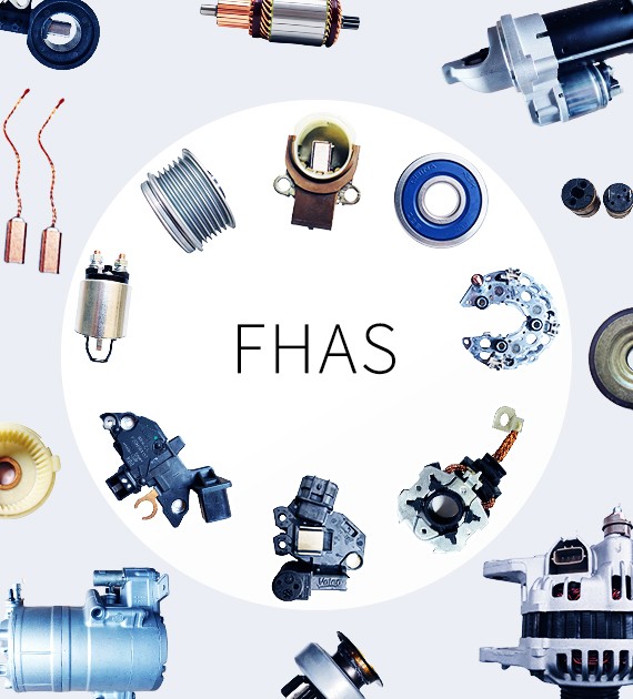 FHAS automotive components — starter drives, carbon brushes, regulators, bearings, pulleys, rectifiers, solenoids, slip rings, AC compressors, alternators and starter motors